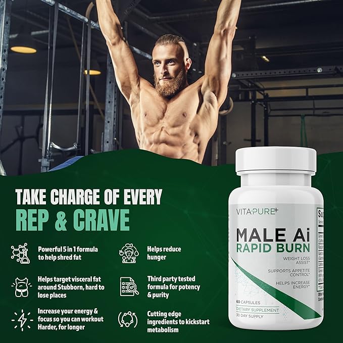 Male Ai Rapid Fat Burner for Men | Supports GLP-1 Pathway Function for Weight Loss | Appetite Suppressant, Energy Booster, Diet Pills | 3rd Party Tested Formula - 60 Capsules