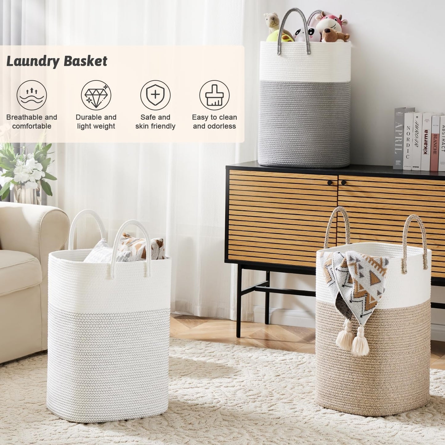 Laundry Basket,Woven Cotton Rope Laundry Hamper,Versatile Storage for Dirty Clothes,Baby Toys,and Blankets in Bathroom, Nursery,and Living Room (Brown, 40L)