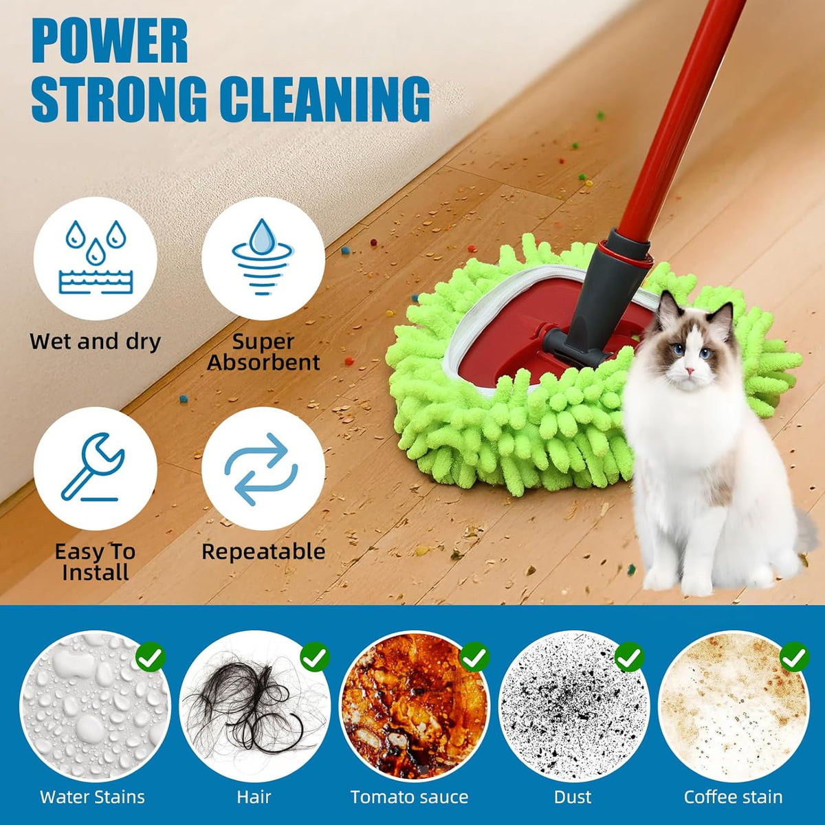 Mop Heads Replacements Compatible with Ocedar RinseClean 2-Tank System 3 Pack Spin Mops Refill Microfiber Chenille for O Cedar Dry Wet Cleaning All Hard-surfaced Floors Machine Washable