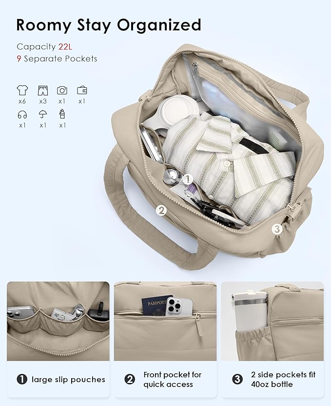 Gym Bag for Women, Travel Duffle Bags with Wet Pocket, Lightweight Carry on Bag Overnight Weekender Duffel Bag, Water Resistant (Khaki Ash)