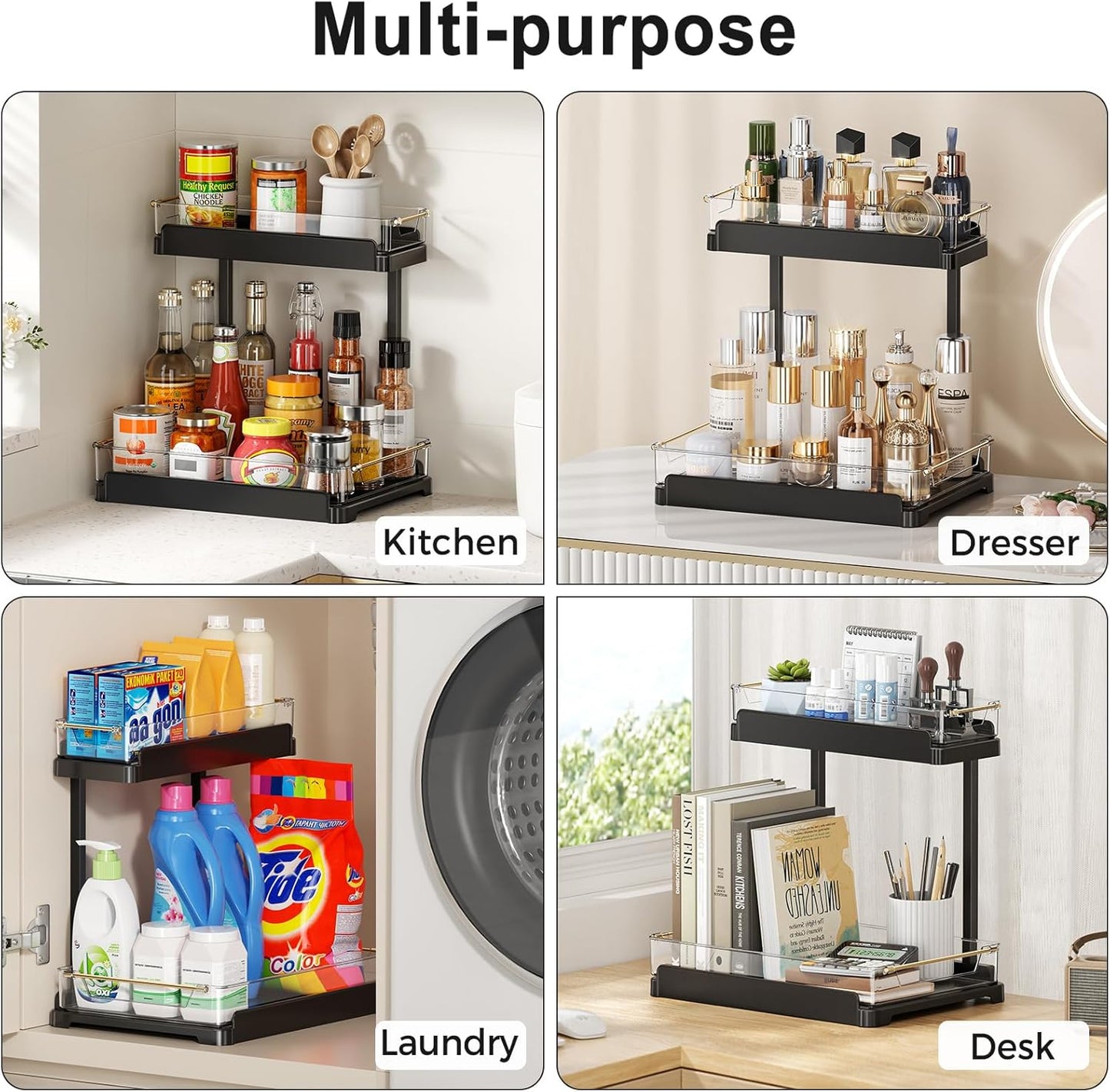 heart & home 2-Pack Under Sink Storage Organizer for Kitchen & Bathroom Cabinets with Removable Washable Tray, Tool-Free Assembly – Multi-Purpose for Vanity, Laundry & Countertop, Black