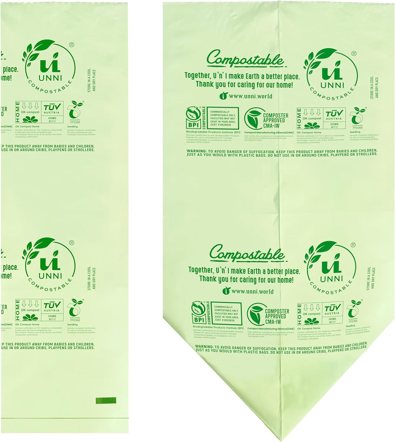UNNI Compostable Trash Bags, 3 Gallon / 11.35 Liter, 600 Count Value Pack, Extra Thick 0.71 Mil Kitchen Food Scrap Bin Liners, Certified by BPI, CMA & OK compost HOME, Meets the ASTM D6400 Standard