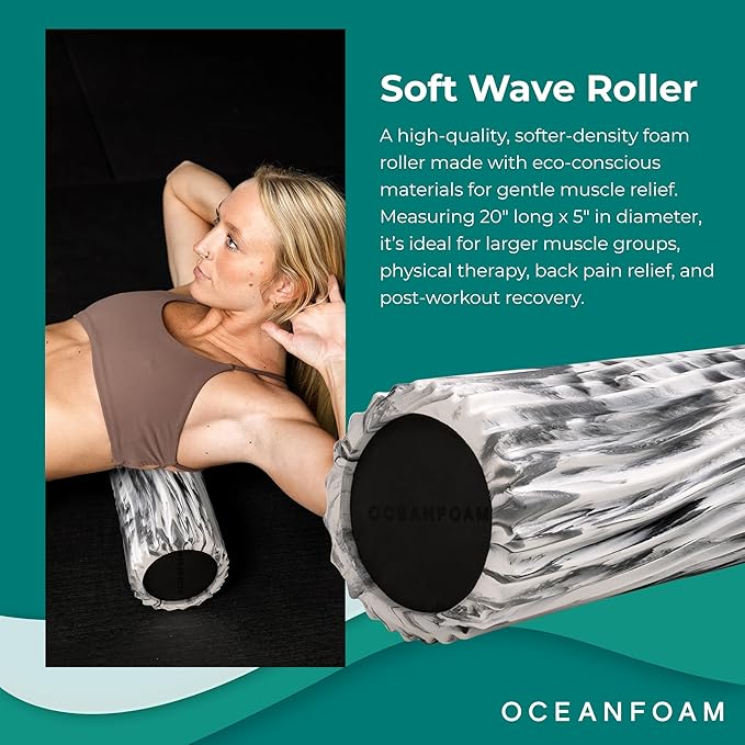 Oceanfoam Soft Tidal Roller (Black Marbled) - Low Density Foam Roller for Physical Therapy, Back Pain, Excercise & Stretching - Wave Textured - Yoga, Athletics, & Wellness - Full Size, 20" x 5"