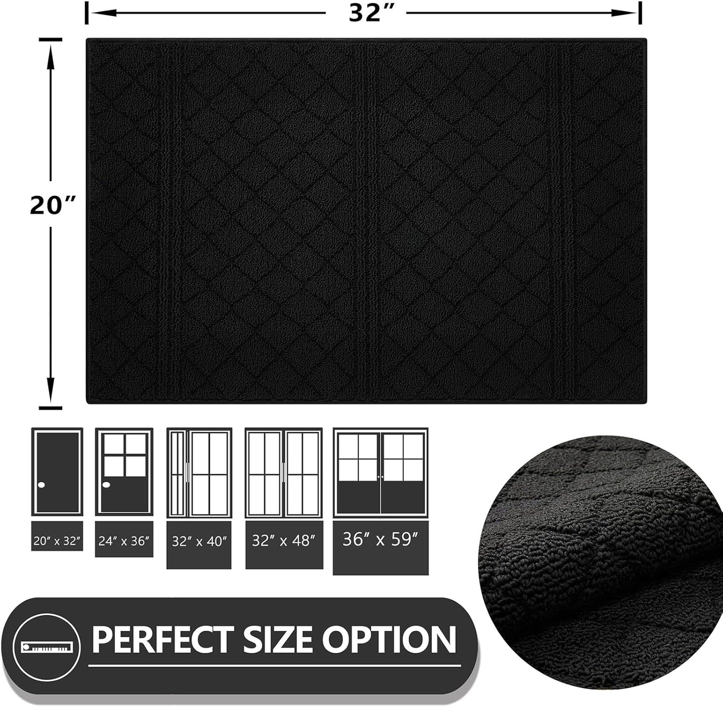 REFETONE Indoor Doormat, Front Back Door Mat 20"x32" Absorbent Rubber Backing Non Slip Door Mats, Low-Profile Resist Dirt Entrance Rugs, Machine Washable Door Rugs Inside Floor Mat for Entryway, Black