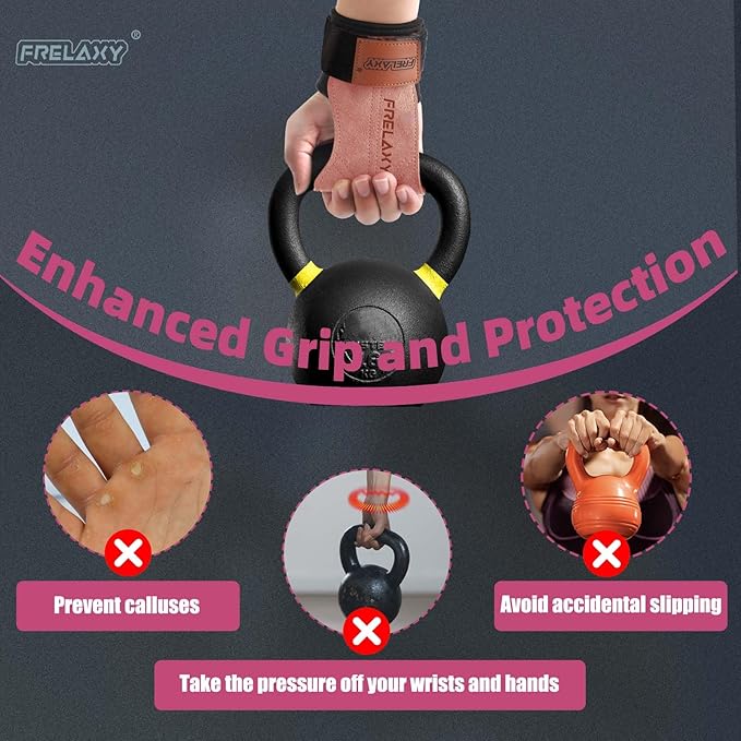 Frelaxy Lifting Wrist Straps Women and Men, Weight Lifting Grips with Cushion Wrist Loop, Double Layer Leather and Storage Pouch, Gym Workout Straps for Deadlift and Powerlifting