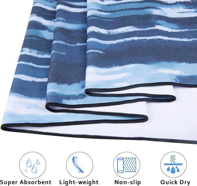 QiyI Yoga Mat Towel with Corner Pockets, Non Slip Sweat Absorbent Hot Yoga Towels, Soft Yoga Blankets with Travel Bag, Skidless Mat Cover for Workout, Gym, Fitness - 70"x26", Blue White Tie Dye