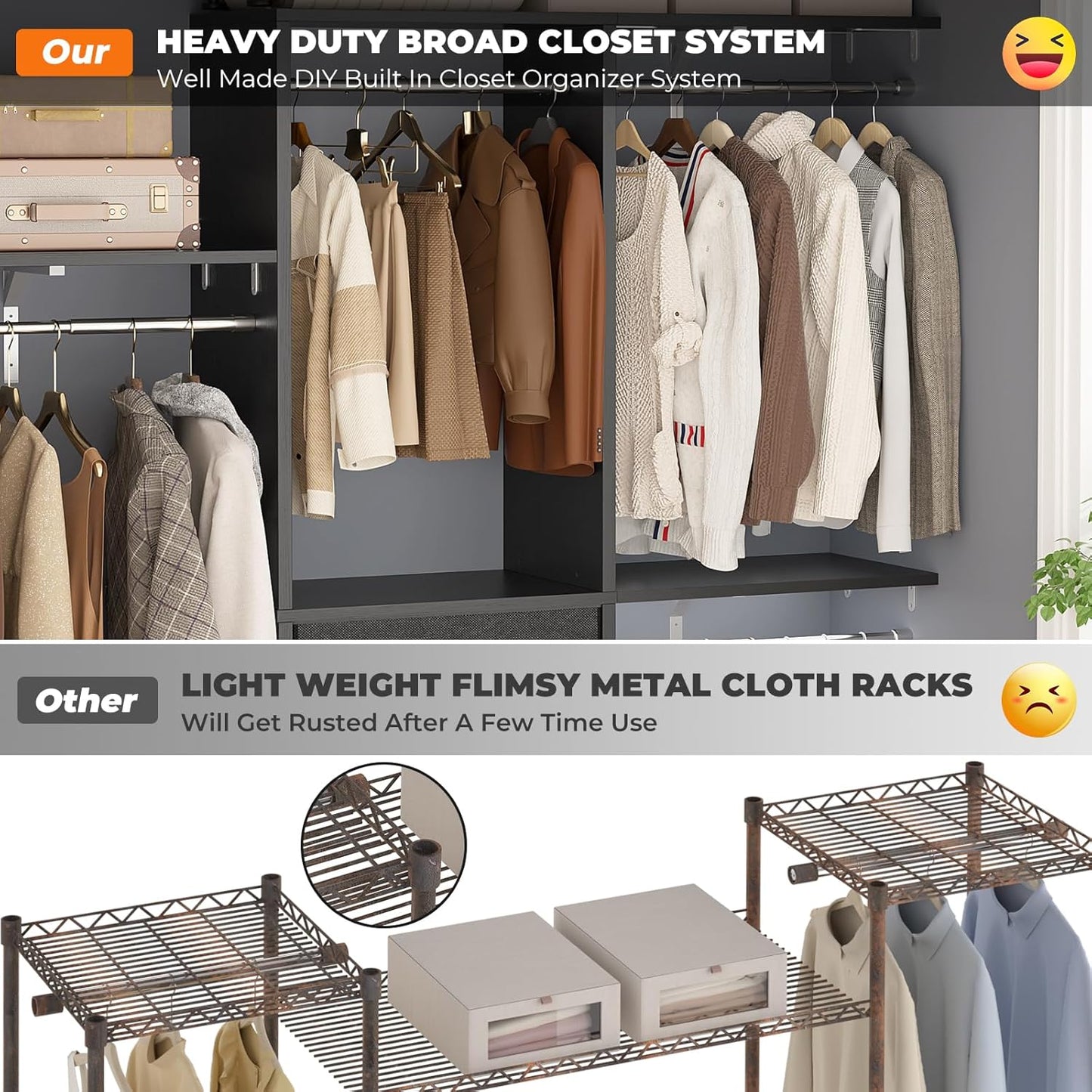 Armocity 5FT Small Closet System with 3 Fabric Drawers, 60 Inches Walk In Closet Organizer System With 3 Adjustable Shelves, Heavy Duty Clothes Rack Built-In Garment Rack, 59" L x 16" W x 71" H, Black