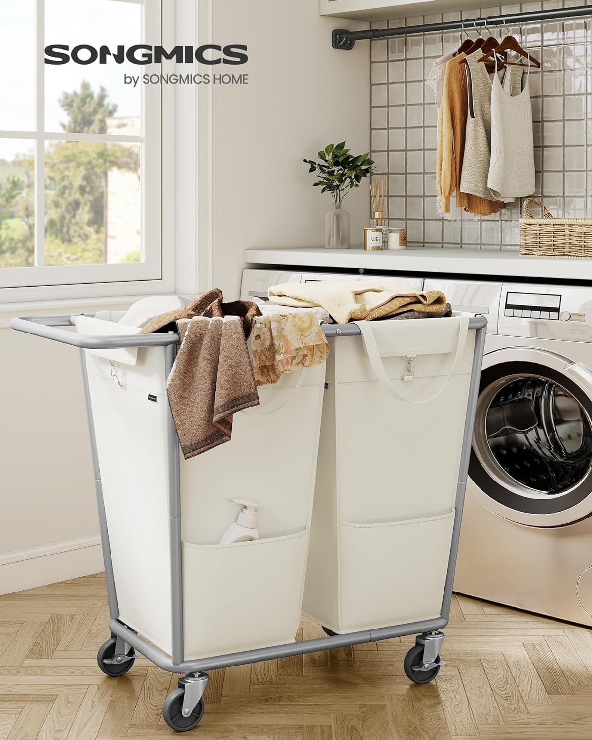 SONGMICS Laundry Basket with Wheels, 50.2 Gallons (190 L), 2-Section Rolling Laundry Hamper with Removable Bags, Heavy-Duty Steel Frame with Handle, Cream White URLS009W01