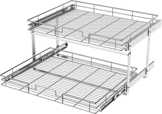LOVMOR 2 Tier Individual Pull Out Cabinet Organizer 27" W x 21½" D, Slide Out Kitchen Cabinet Storage Sliding Shelves