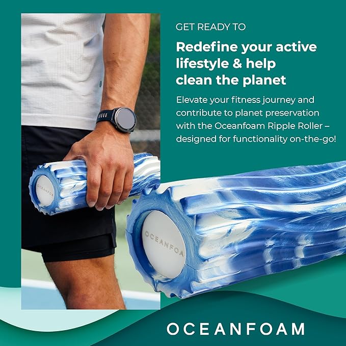 Oceanfoam Ripple Travel Foam Roller (11" x 3.35") Firm Mini Foam Roller for Physical Therapy, Deep Tissue Massage, Back Pain - High Density, Ergonomic Wave Textured - Yoga, Exercise (Royal Marbled)