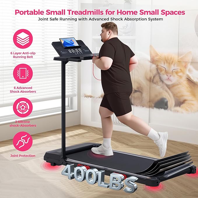 Walking Pad Treadmill with Handle Bar, 3.5HP Compact Electric Walking Pads Treadmills with Handles for Home Apartment Small, 0.6-10MPH Portable Foldable Folding Small Treadmill Home, 400LBS Capacity