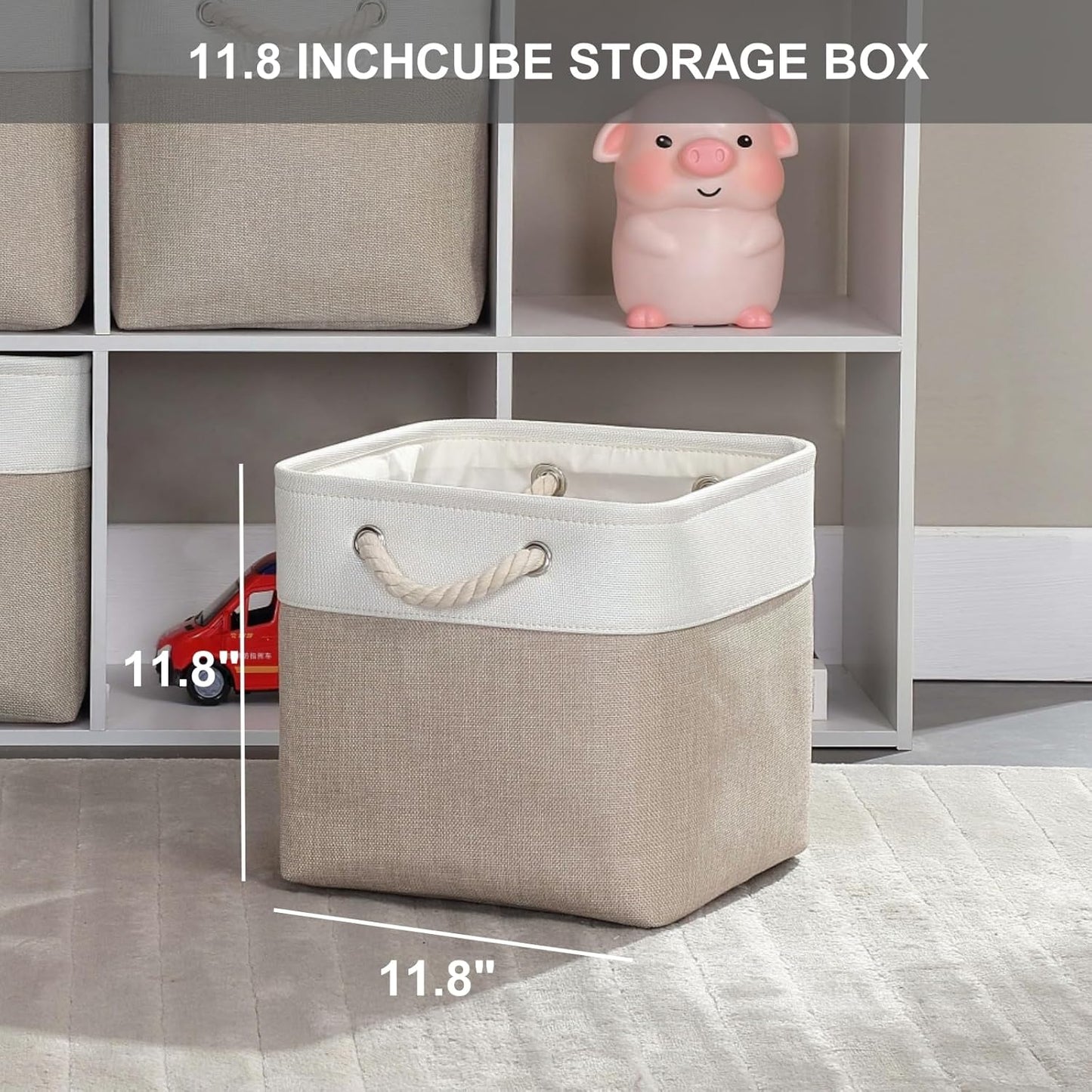 Mangata Canvas Storage Boxes, 11.8 Inch Cube Storage Bins Set of 6 for 12 Inch Cabinets, Fabric Baskets with Cotton Rope Handle for Organizing Clothes Nursery Home (Khaki/White)
