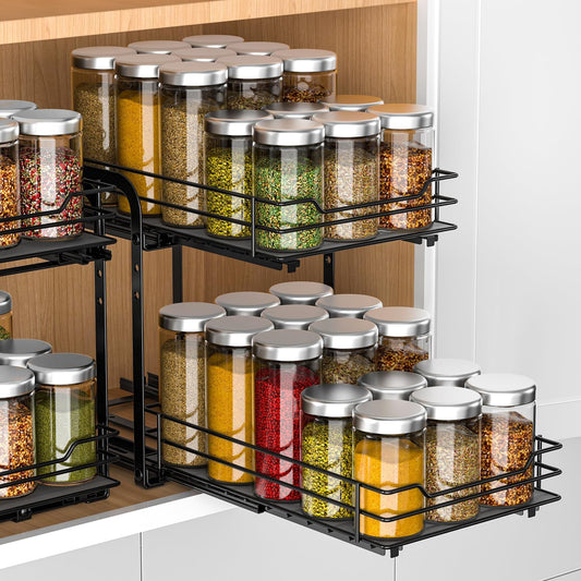 RCHYFEED Spice Rack, 2 Tier Pull out Cabinet Spice Organizer, Height Adjustable Slides out Ultra-smooth Racks for Spice Organization, Seasoning Organizer for Inside Cabinets(7.5" Wx10.5 Dx9.5 H)