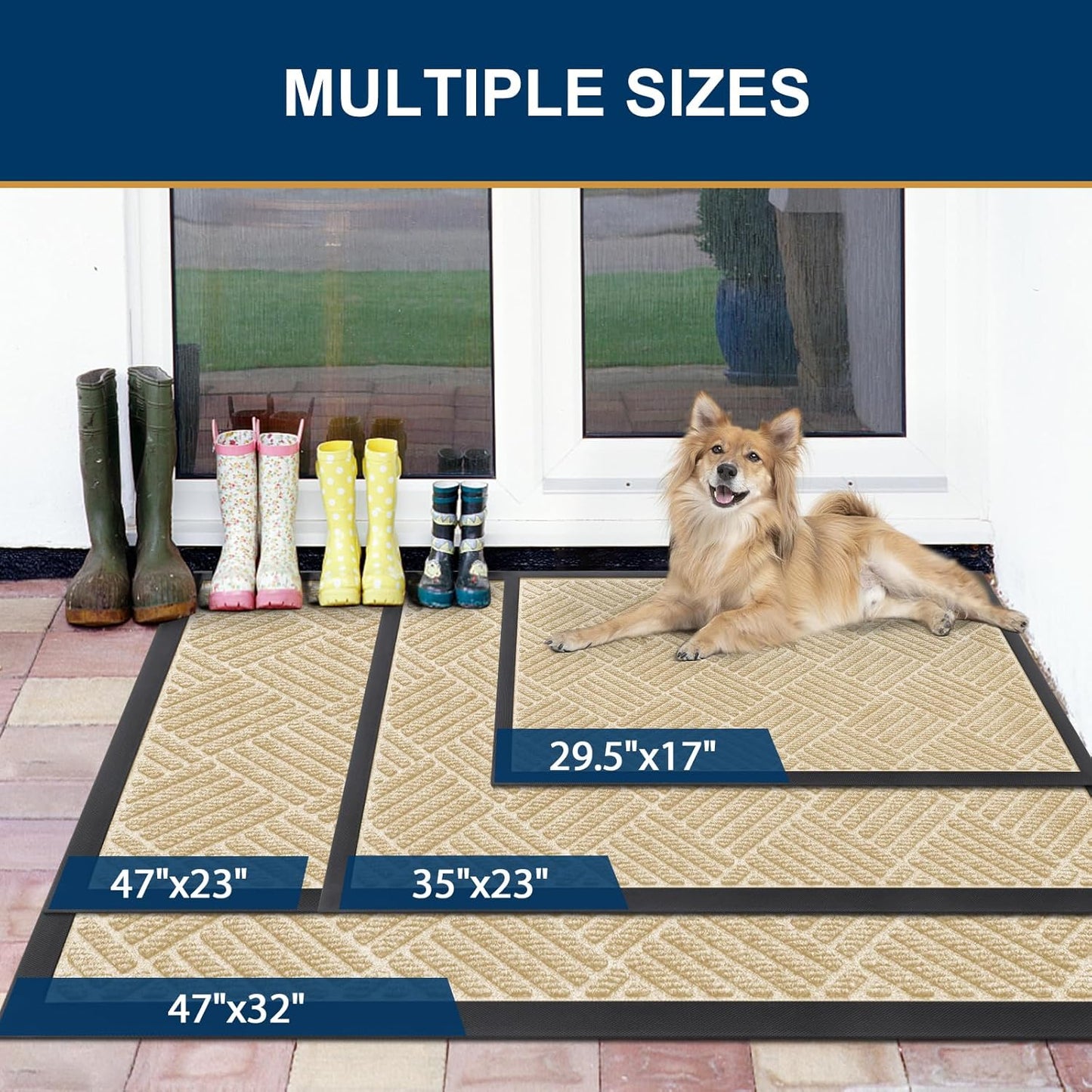 Smiry Front Door Mat Outside Entrance, Heavy Duty Outdoor Indoor Natural Rubber Doormat, Non Slip, Trap Dirt and Moisture, Easy Clean, Low Profile Patio Porch Entryway Mat, 59x35, Beige