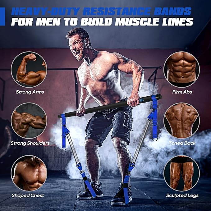 Pilates Bar Kit with Resistance Bands, Heavy Duty Pilates Equipment for Men, Strength Training Bar for Legs, Hip, Back, Arm, Abs, Chest, Shoulders, Portable Home Gym Full Body Workout Equipment