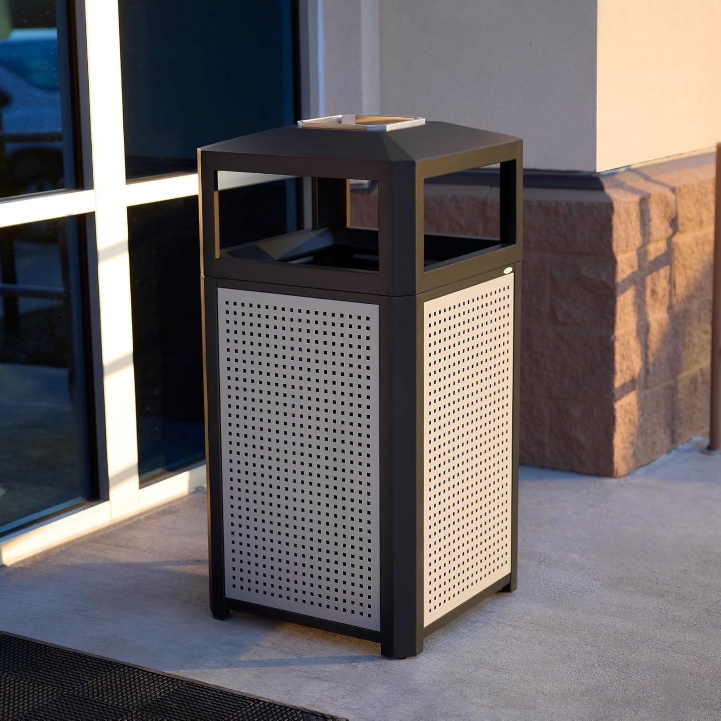 Safco Evos Steel Trash Can, 38 Gallons, Indoor and Outdoor Use, Commercial Garbage Can with Plastic Liner and Ashtray