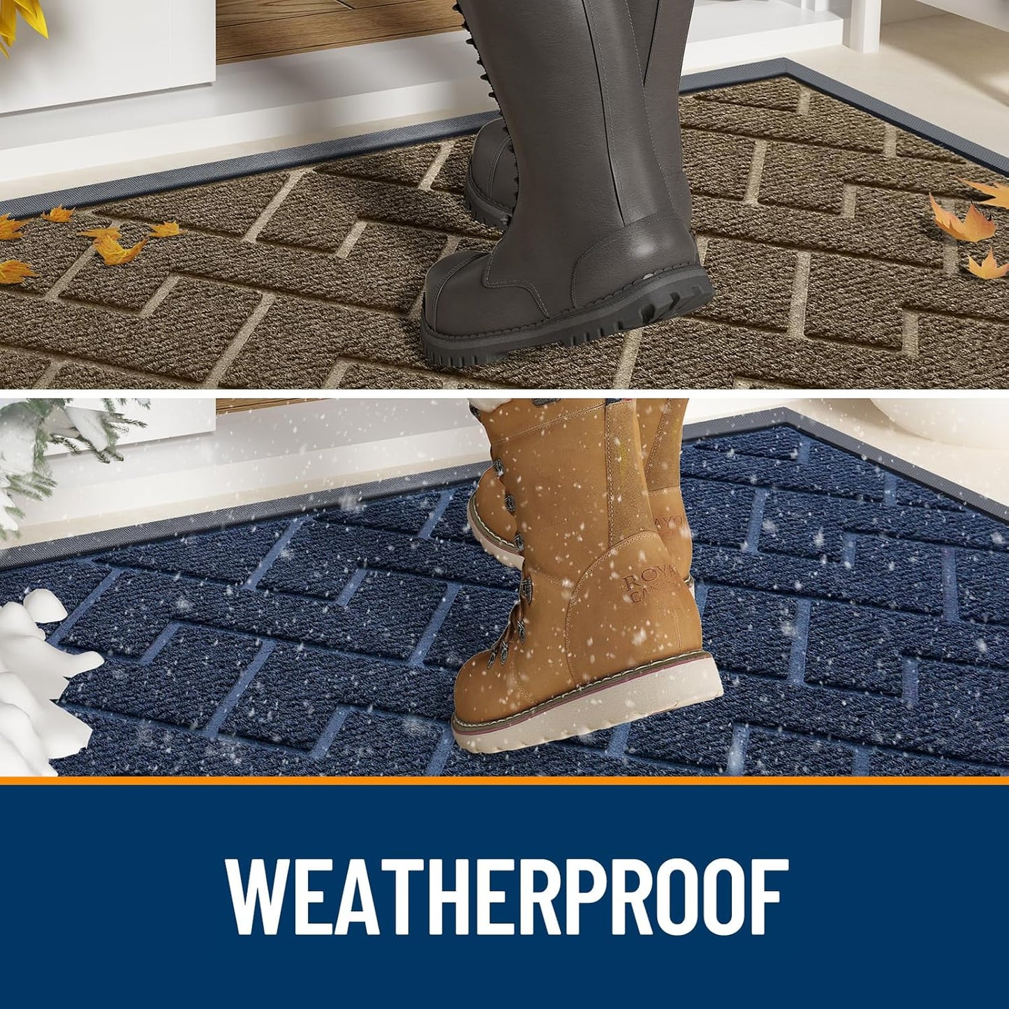OLANLY Front Door Mat Indoor Outdoor Entrance, Waterproof All-Season, All-Weather Doormat, Sturdy Natural Rubber, Low Profile, Easy Clean Patio Porch Entryway Mat, Herringbone Brick (Blue, 36x24)