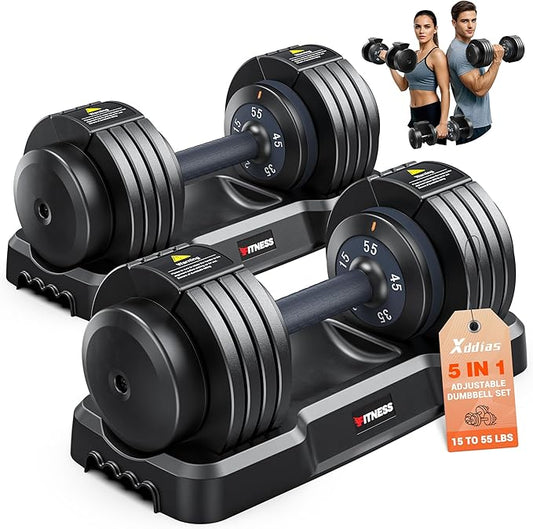 XDDIAS Adjustable Dumbbell Set of 2, 25/55/80LB Dumbbell Set-1Sec Adjustable Weights-5/10 in 1 Free Weights Dumbbells Set with Effortless Tray/No-Slip Handle-Compact Size for Women/Men at Home Gym