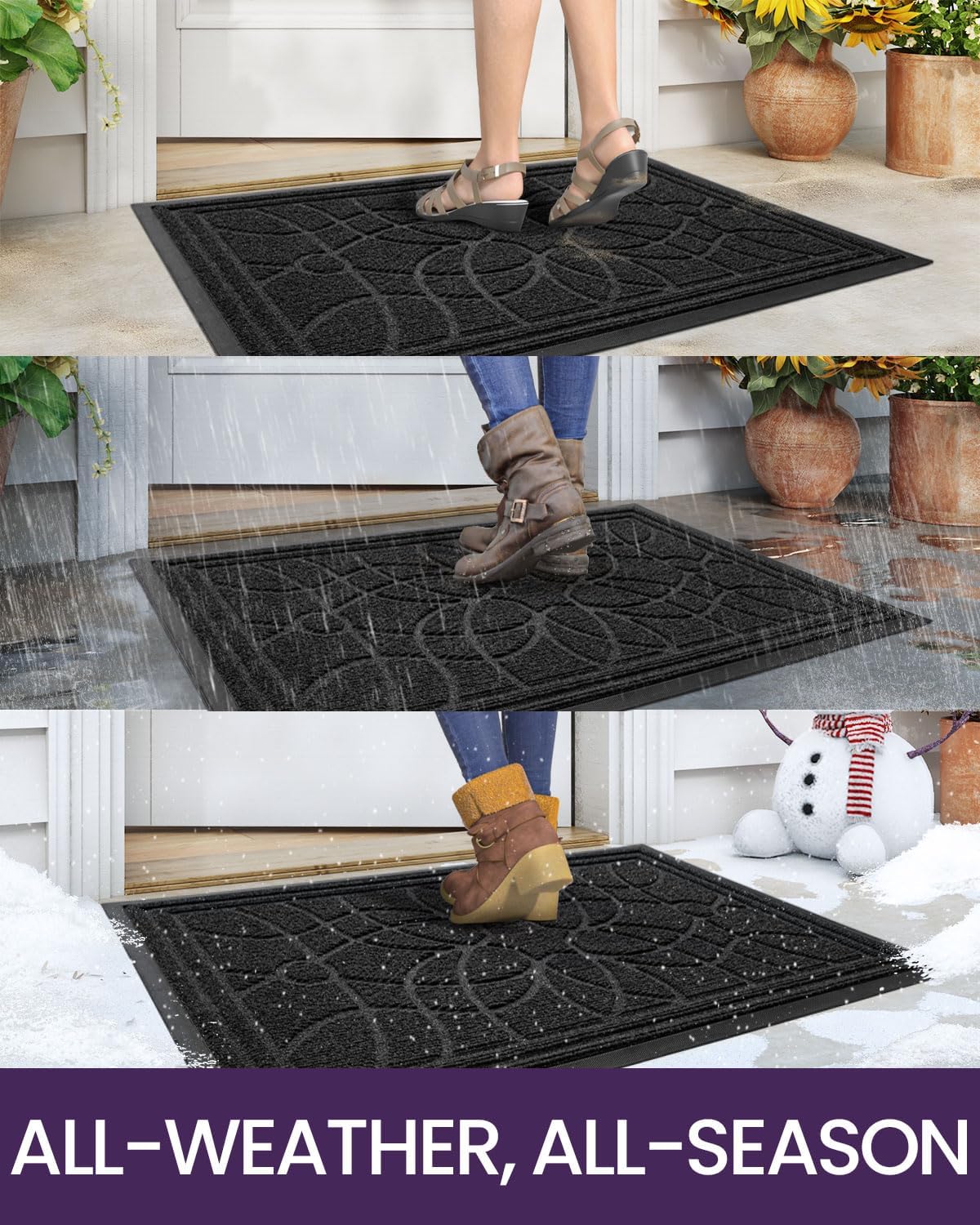 DEXI Front Door Mat Outside Entrance, Heavy Duty Non Slip Low Profile Doormat for Entryway, Trap Dirt and Moisture Welcome Mats, Easy Clean, Patio, Garage, 4x2, Black