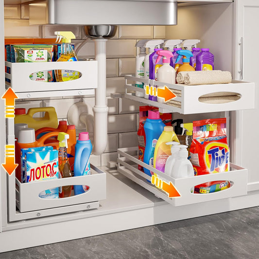 Under Sink Organizer, 2 Tier Under Sink Organizers and Storage, Adjustable Height, Slide out Metal Cabinet Organizers, Pull out Cabinet Storage Drawer Shelf for Kitchen Bathroom White, 2 Pack