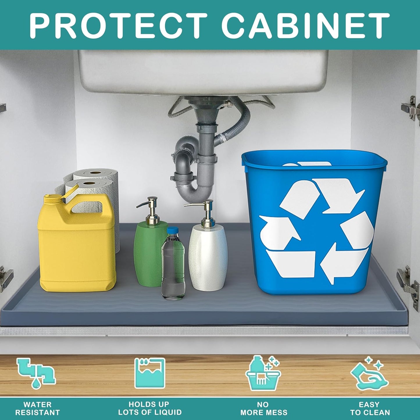 URMONA Waterproof Silicone Under Sink Mat 22'' x 14'' Shelf Liner for Kitchen and Bathroom, Cabinet and Counter Protector, Storage and Organizers, Litter Mat, Pet Cat Puppy Essentials(Cream)