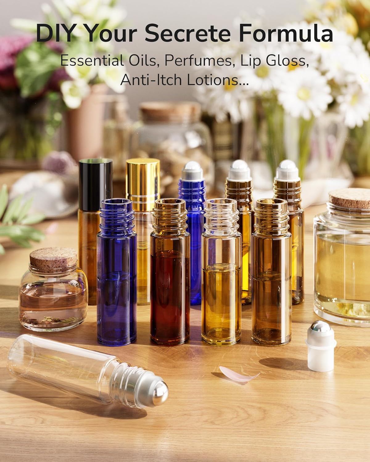 ULG 24-Pack Essential Oil Roller Bottles 10ml, Empty Bottles with Stainless Steel Roller Balls and Waterproof Labels, Clear Roller Balls For Essential Oils
