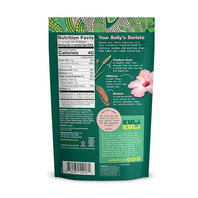 Kuli Kuli Strawberries & Crème Organic Superfood Latte - Strawberry Flavor. Packed with Psyllium Husk for Digestive Support with Hibiscus and Baobab