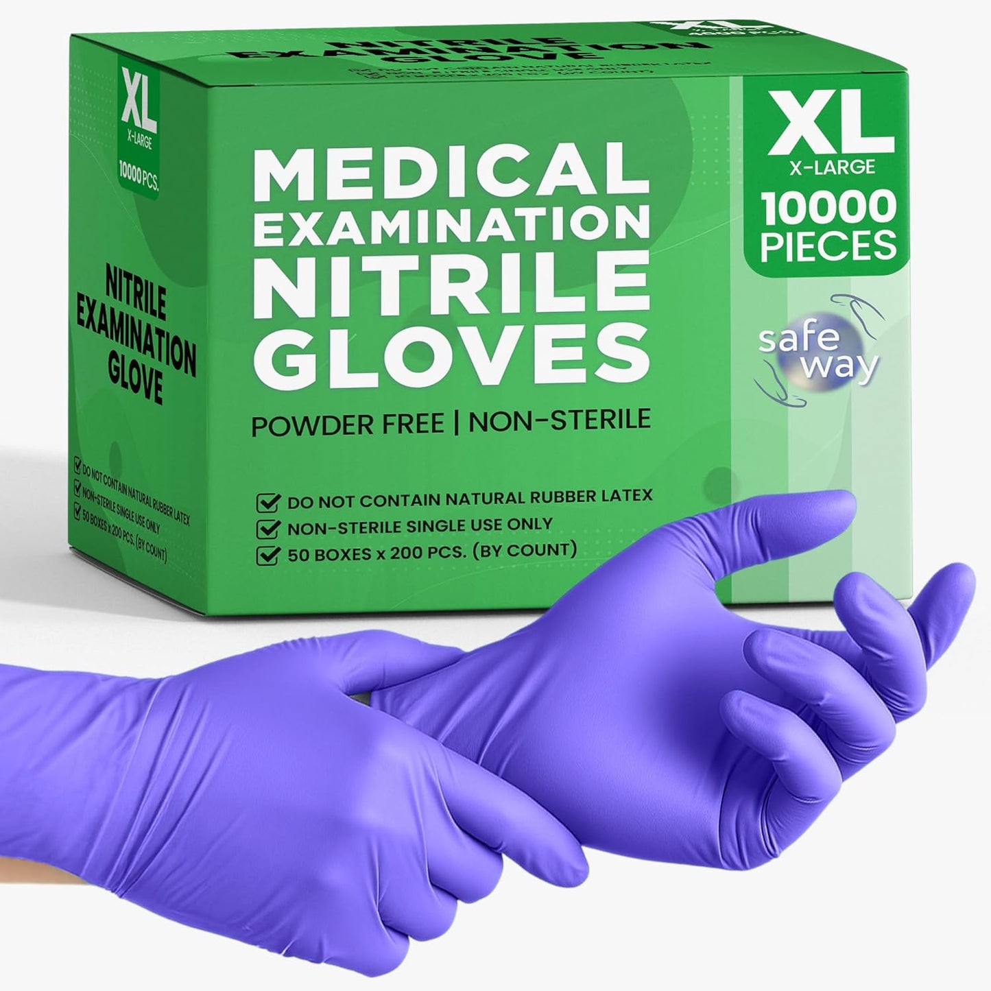 SafeWay Nitrile Disposable Gloves — Multi-Purpose Powder-Free, Non-Latex, Medical Use, and Textured Fingertips for Food Prep, Cleaning, Tattoo, Nursing, Lab, Examination, & More — (10000pcs, X-Large)