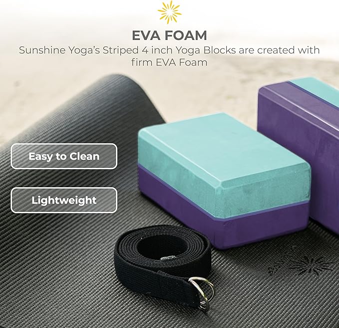 Sunshine Yoga 4" Striped Yoga Block, 10 Pack Bulk EVA Foam Yoga Blocks, Firm and Supportive Yoga Brick, Balance Foam for Stretching, Pilates, and Workout, 4" x 6" x 9"
