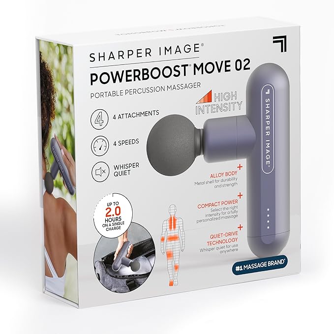 Sharper Image Powerboost Move 2.0 - Mini Percussion Massage Gun| 4 Attachments, 4 Speeds| Portable Full Body Back & Shoulder Massager| Muscle Recovery & Pain Relief| Deep Tissue Massage Tool Gift
