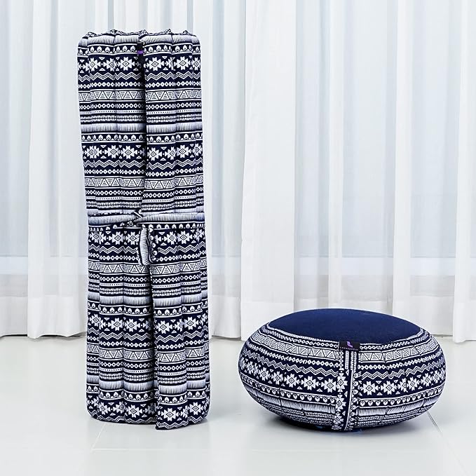 Leewadee Meditation Cushion Set – 1 Round Zafu Meditation Pillow and 1 Square Roll-Up Zabuton Meditation Mat, Pillows Bundle Filled with Kapok