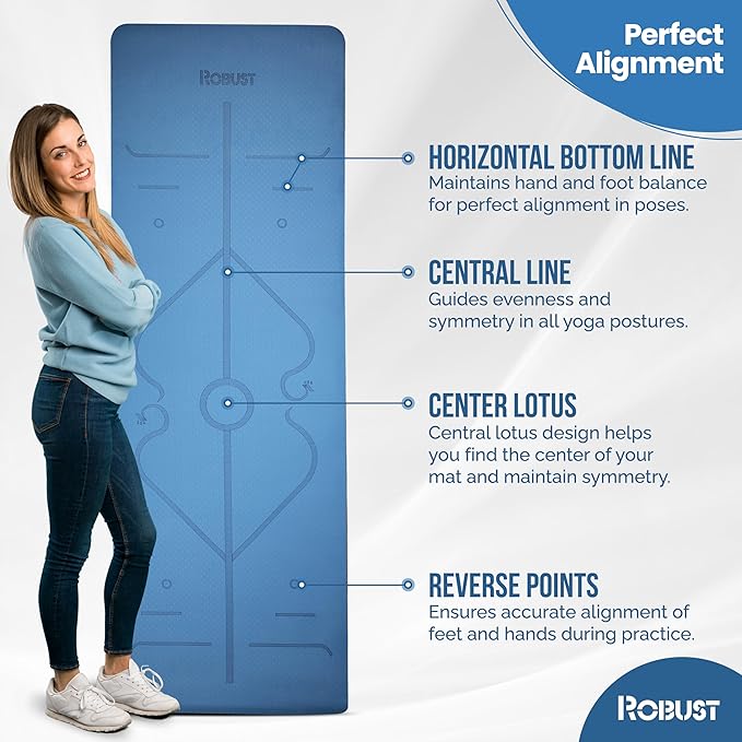 Robust Non-Slip Yoga Mat with Strap, 1/4" Thick TPE Eco-Friendly Workout Mat for Yoga with Position Lines and Texture Surface, Gym Mat for Women, Men, Pilates and Exercises Anti-Tear Sweat-Proof Exercise Mat