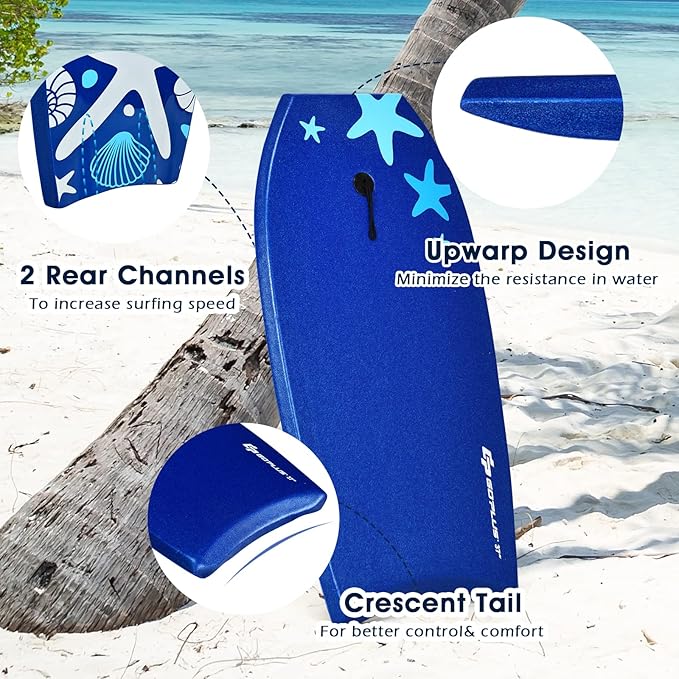 KOTEK 33/37/41 Inch Body Board with Wrist Leash, EPS Core, Dual Channel, HDPE Slick Bottom, Bodyboard for All Skill Levels & Wave Conditions