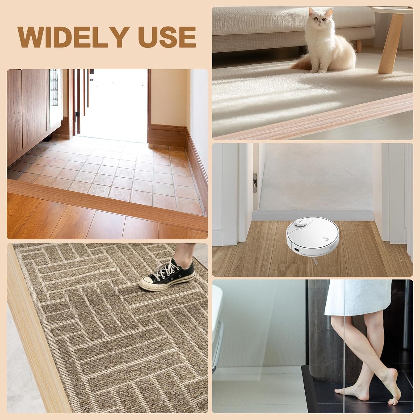 Floor Transition Strip Vinyl Door Threshold Ramp Self Adhesive Carpet Edging Strip Doorway Edge Trim, Overlap Edge Reducer for Laminate Carpet, Floor, Tile (Yellow Wood, 3/5" to 4/5", 6.6Ft)