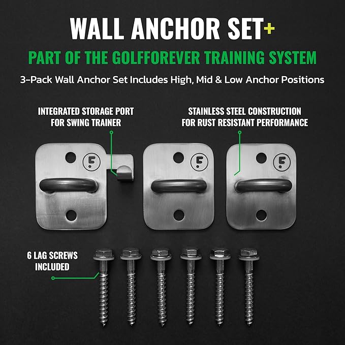 GolfForever Wall Anchor Set Proven by Golfer Scottie Scheffler | Golf Swing Training Wall Anchor Point | Premium Golf Training Workout Exercise Equipment to Expand Movements | 3-Pack | 6 Lag Screws