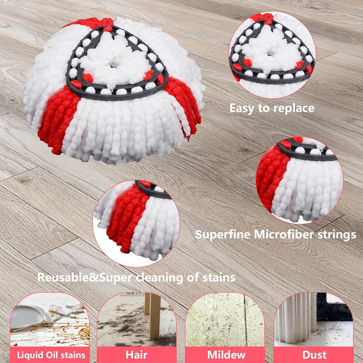 Mop Heads Replacements Complete Combo for O-Ceda,4 Pcs Red Machine Washable Microfiber Spin Mop Refills Replace Heads,2 Scrub Brushs,1 Base,1 Set Handle,Spin Mop Replacements for Tub and Tile Cleaning