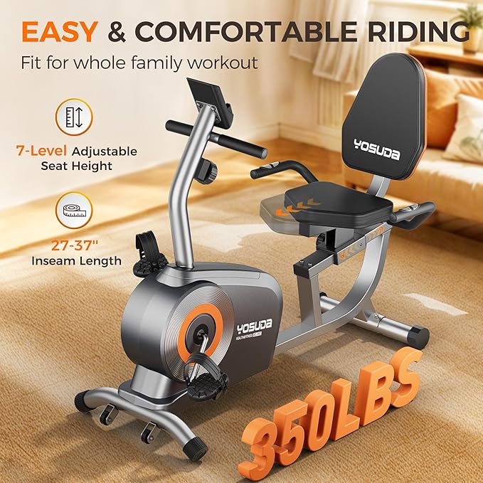 YOSUDA Recumbent Exercise Bike for Home，Magnetic Staionary Bike for Seniors/Adults with Adjustable Seat, 350LB Capacity, 16-level Resistance, LCD Monitor & Pulse Sensors