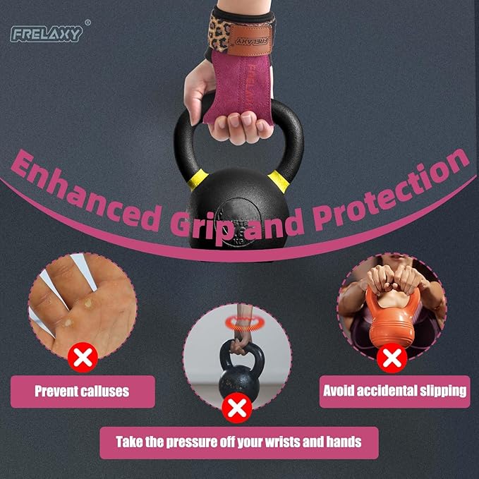 Frelaxy Lifting Wrist Straps Women and Men, Weight Lifting Grips with Cushion Wrist Loop, Double Layer Leather and Storage Pouch, Gym Workout Straps for Deadlift and Powerlifting