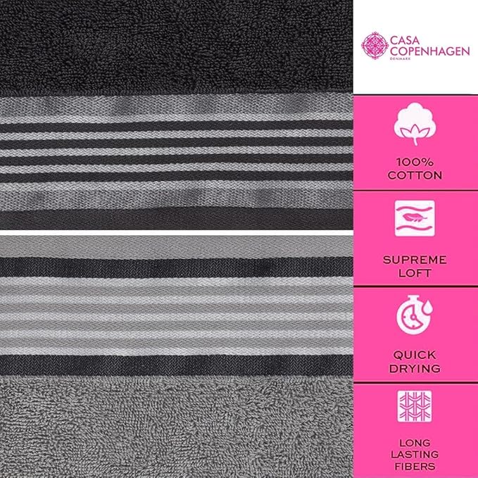 CASA COPENHAGEN® He & She 10 Pieces Hand Towel Set, Granite Grey + Mirage Grey, 550 GSM, 16x28 Inches, Designed in Denmark Super Soft and Absorbent, Egyptian Cotton Towels for Bathroom & Kitchen