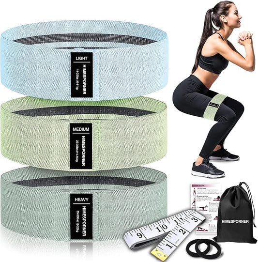 Wide Fabric Resistance Bands for Working Out, 3 Level Non-Slip Exercise Booty Bands for Women & Men Leg and Glutes with Hair Ties and Tape Measure - for Home Gym Workout, Yoga, Pilates