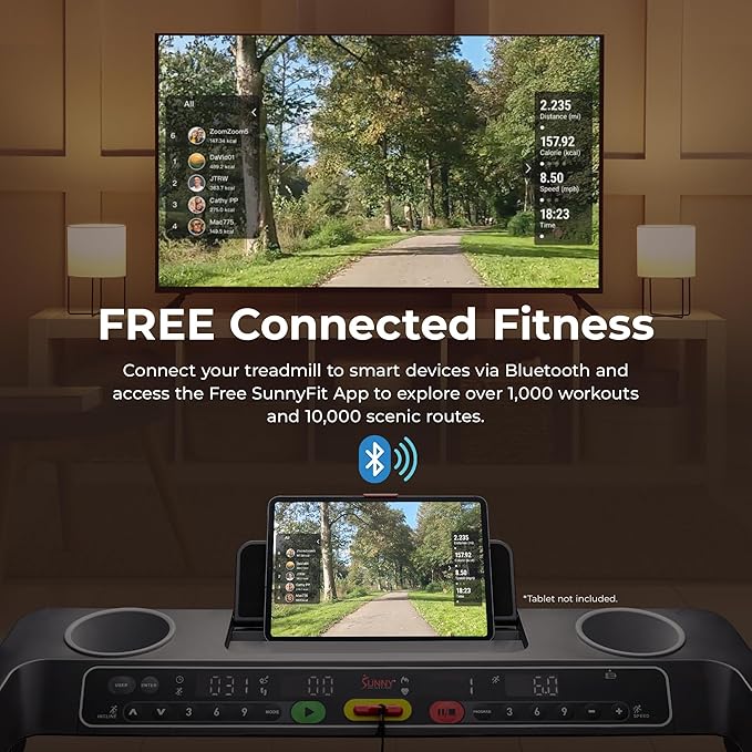 Sunny Health & Fitness Fully Assembled OneClick-Fold 20" Smart Treadmill with Auto Incline & SunnyFit App