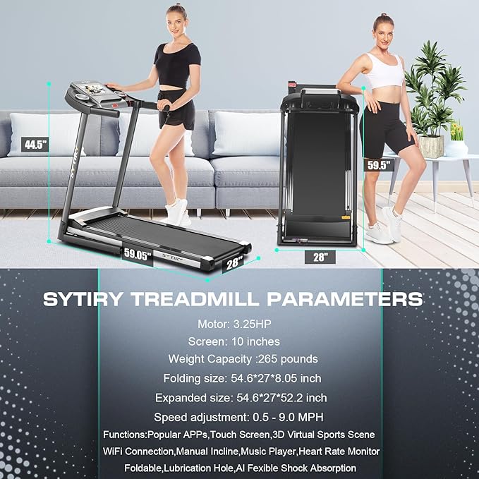 SYTIRY Treadmill with Touch Screen,3.25HP Treadmills for Home with TV and WiFi,Smart Foldable Treadmill with Music,3D Virtual Sports Scene,Popular APP for Social Networking,Walking/Running Machine