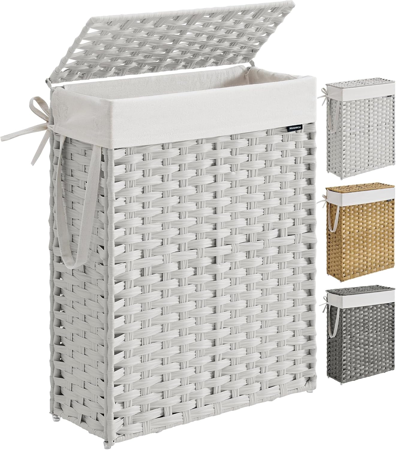 SONGMICS Slim Laundry Hamper with Lid, 14.5 Gallon (55L) Rattan Clothes Laundry Basket with Lid and Handles, Foldable, Removable Liner, Cloud White ULCB164W01