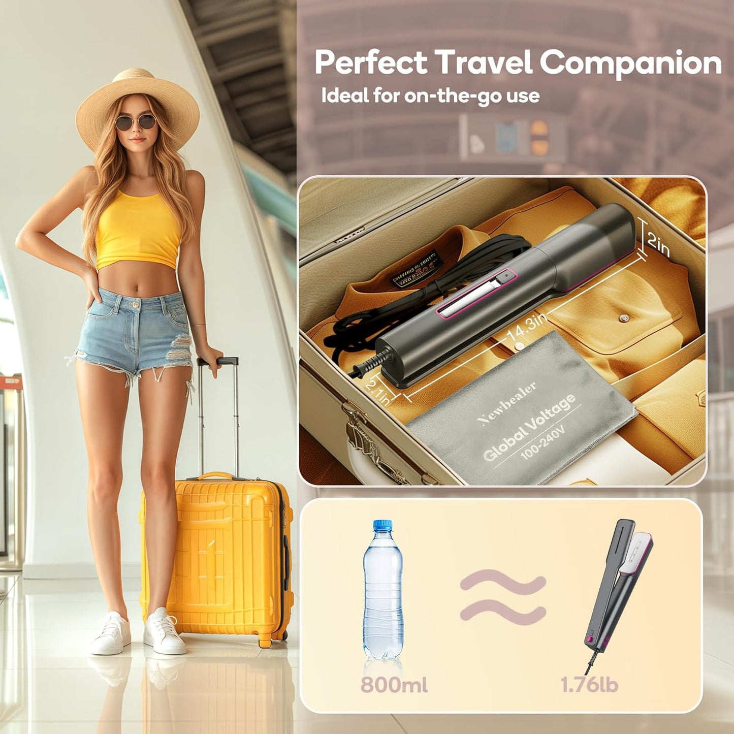 Newbealer 3in1 Clamp Travel Steam Iron with Global Voltage, 100-240V Clothes Steamer, Dry Ironing & 2 Steam Levels, Non-Stick Ceramic Soleplate, Auto-Off, Self Cleaning, w/Detachable Clamp (Ashpink)