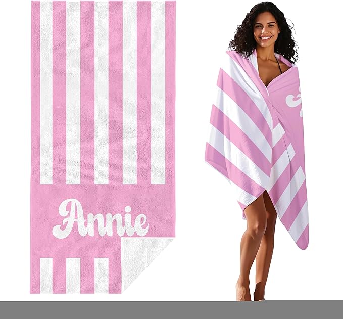 JML Personalized Beach Towel with Name, Custom Cabana Stripe Beach Towel, Customized Microfiber Pool Towel, Quick Dry & Absorbent Swim Towel for Adult,Mother's Day, Birthday, Summer Holiday,Vacation