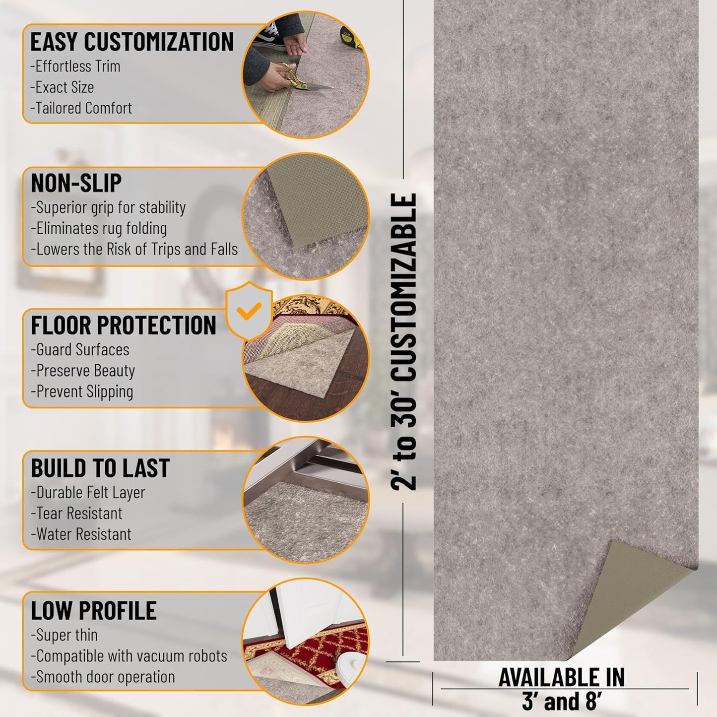 Ottomanson 6' x 8' Non-Slip Rug Pad Gripper 1/4 Inch Thick Dual Surface Felt + Rubber Gripper - Safe for All Floors, Brown