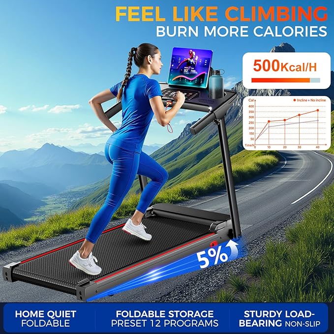 Treadmill with 5% Incline, Walking Pad Treadmill with Handle Bar, Portable Folding Treadmills for Running and Walking, 3.0HP Brushless Motorized, 5 Layers Shock-Absorbing