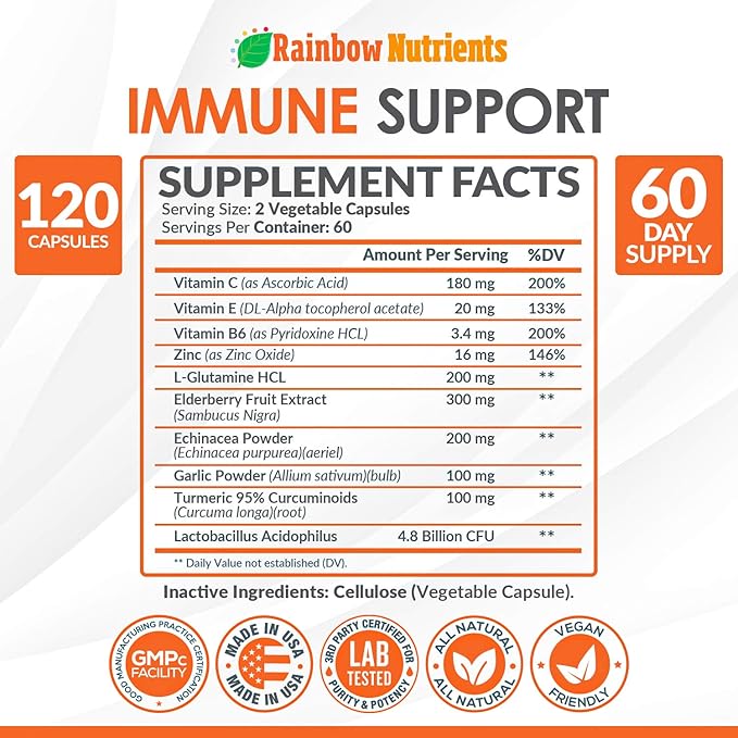 10 in 1 Immune Support Supplement (No Fillers) | Vitamin C, Zinc, Elderberry, Echinacea, Turmeric, Probiotics |Immunity Booster for Multi-System Immune Defense, Respiratory & Gut health |60 Day Supply
