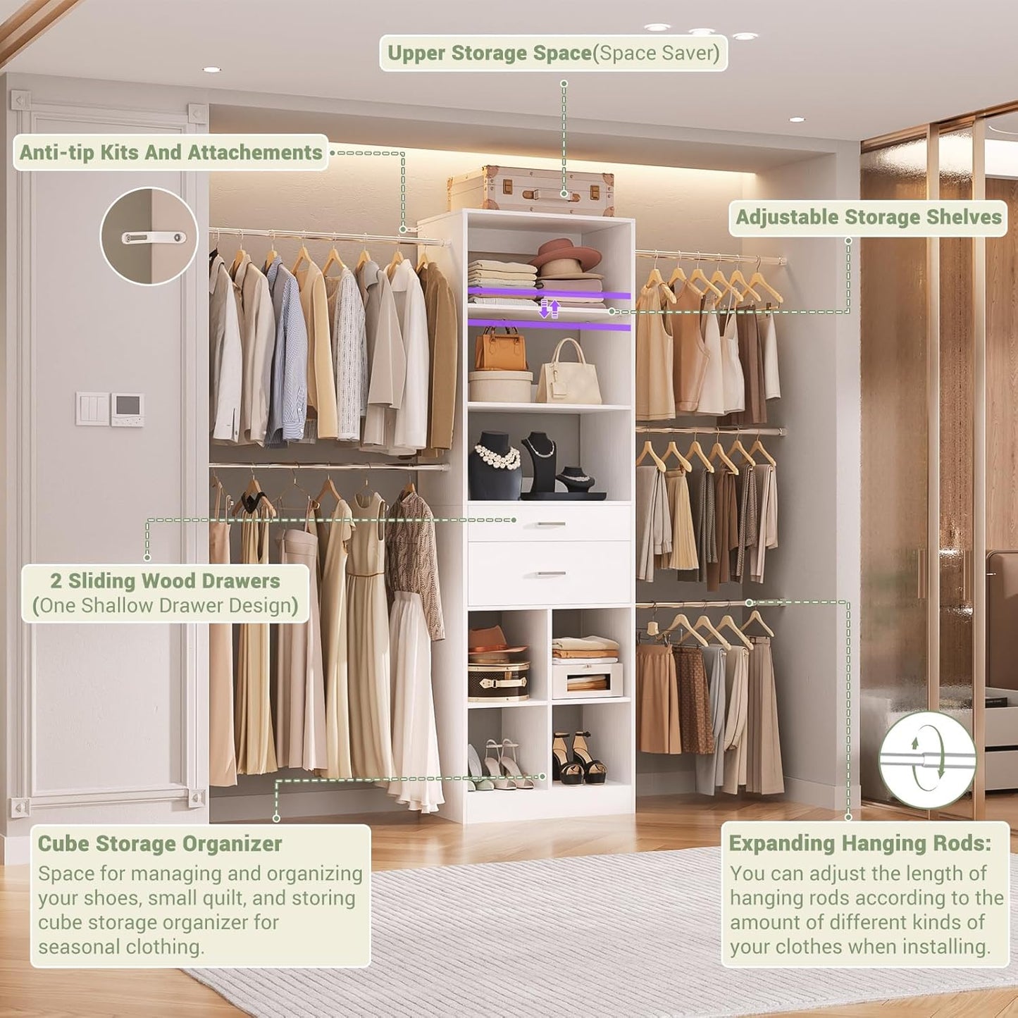Closet System, 4-8 FT Closet Organizer Tower with 2 Wooden Drawers and Shelves, Can Fit 60 to 96 inch Walk-in Closet System with 5 Hanging Rods, Built-in, White