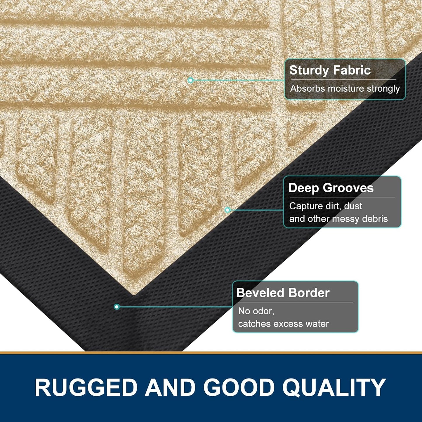 Smiry Front Door Mat Outside Entrance, Heavy Duty Outdoor Indoor Natural Rubber Doormat, Non Slip, Trap Dirt and Moisture, Easy Clean, Low Profile Patio Porch Entryway Mat, 47x23, Beige